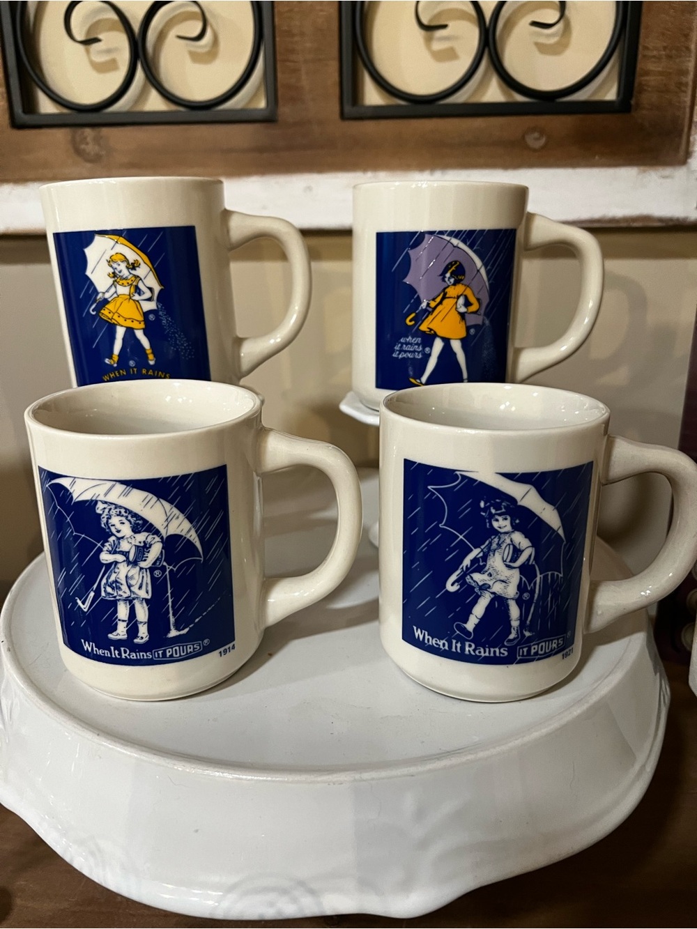 NEW Morton Salt Set of 4 Advertising Mugs White Blue Yellow 1914 1921 1956 1968